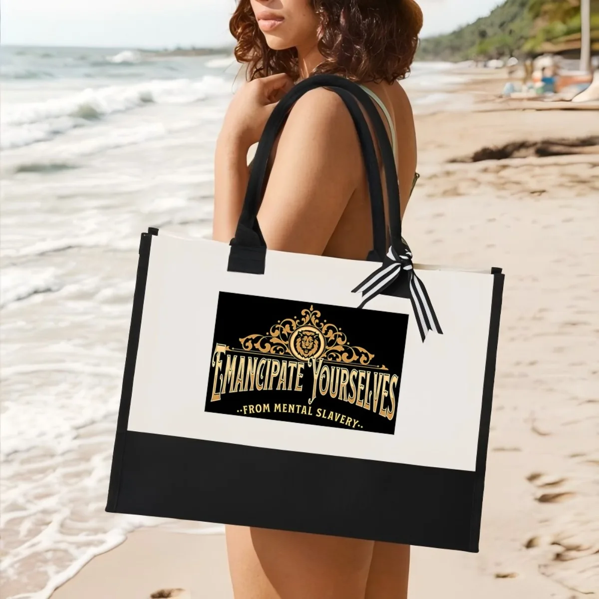 Emanciparse De La Esclavitud Mental 2026 وصل حديثًا حقيبة حمل عصرية واسعة وقابلة لإعادة الاستخدام بنمط طباعة 2 نغمة ثقيلة