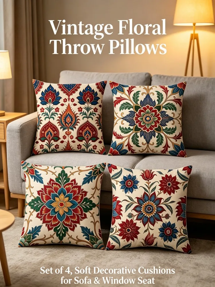 Retro Turkish Botanical Floral Cushion Covers, Antique Indian Ornament Print Square Pillow Cover for Couch Bedroom Balcony Rusti