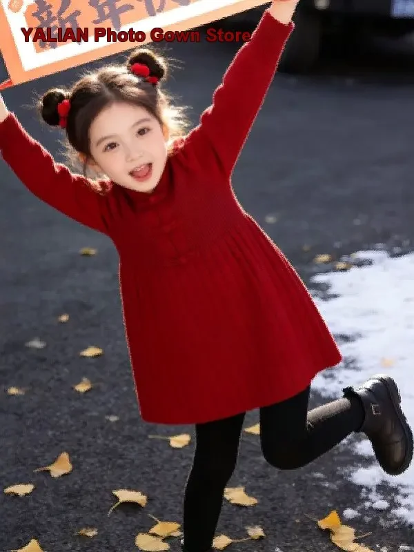 Girls Traditional Button Closure Autumn Winter 2026 Kids New Year Knit Dress