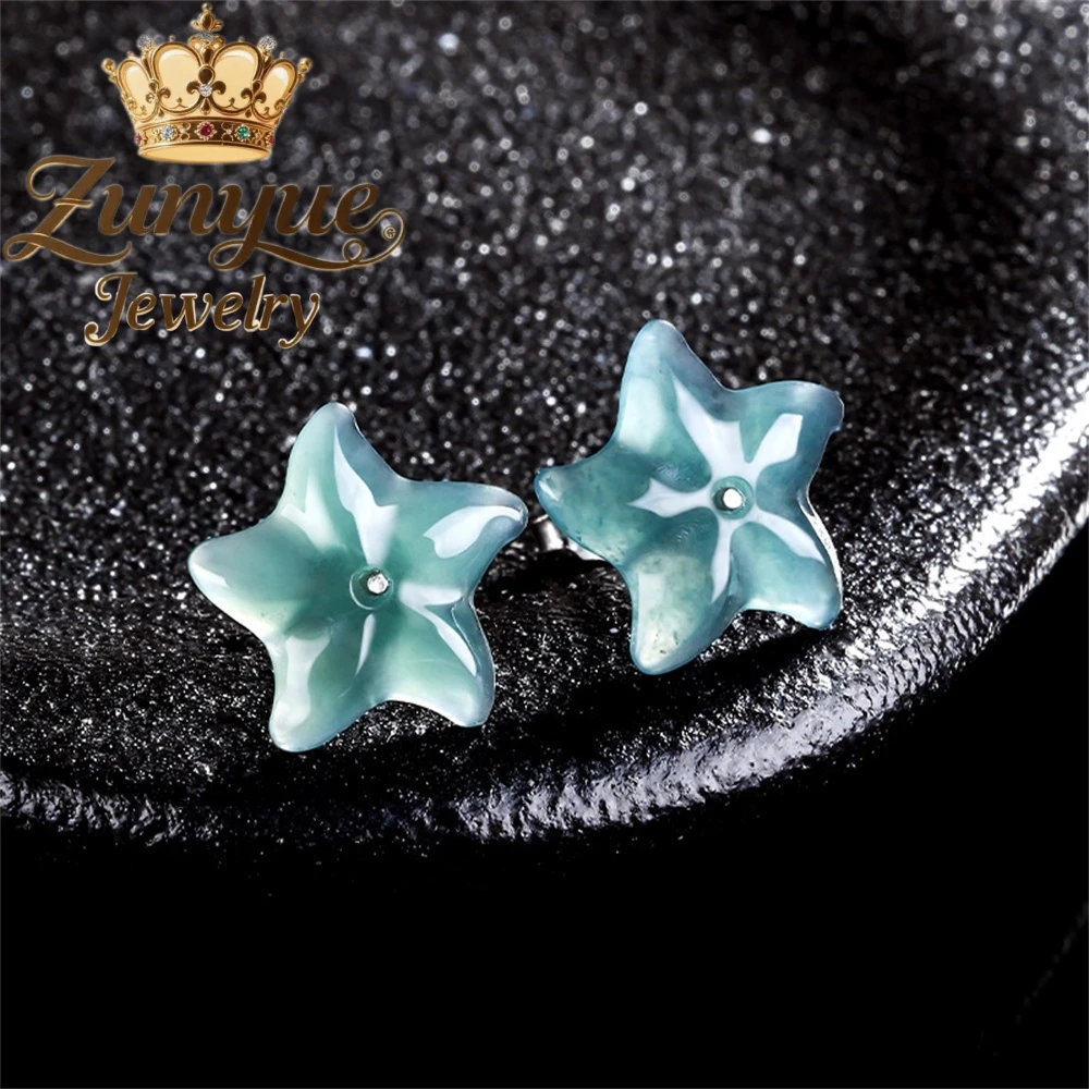 

Natural A-Grade Jade Blue Water Starfish Ear Studs Ice-Type Jade S925 Silver Inlaid Ancient-Style Women's Exquisite Earrings