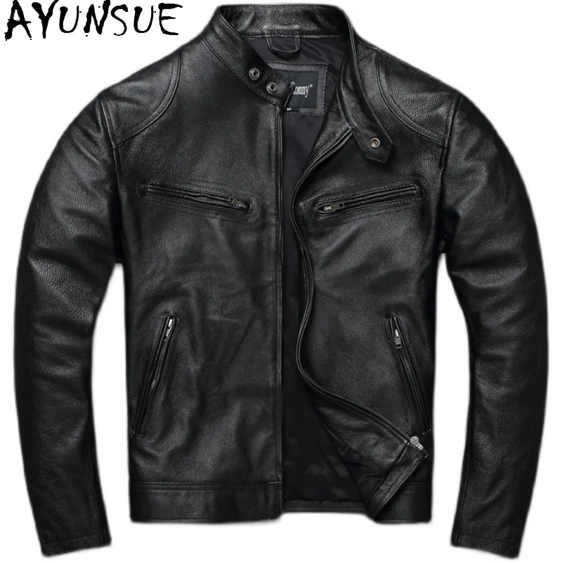 

AYUNSUE Mens Leather Jacket Cowhide Men Clothing Spring Autumn Coats Standing Motorcycle Jackets Black Jacket Jaqueta De Couro