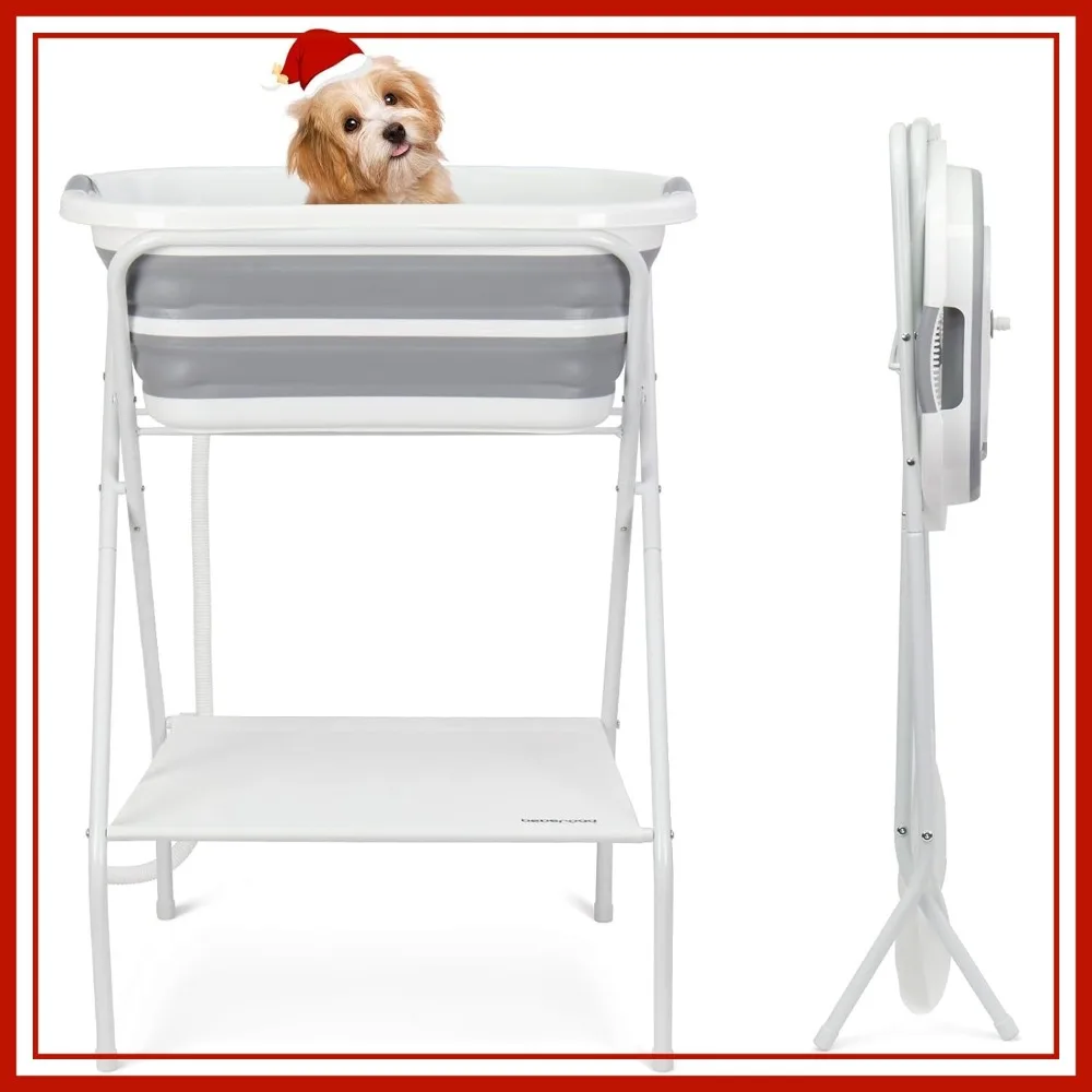 2 in 1 Dog Bath Tub, Elevated Collapsible Washing Station for Small Dogs & Cats, Indoor Outdoor Portable Shower Bathtub