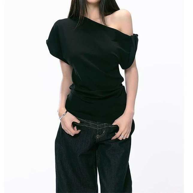 Spicy Girl Twisted Skew Collar Short Sleeved T-shirt For Women's Summer New Fashionable Niche Waist Slimming Top