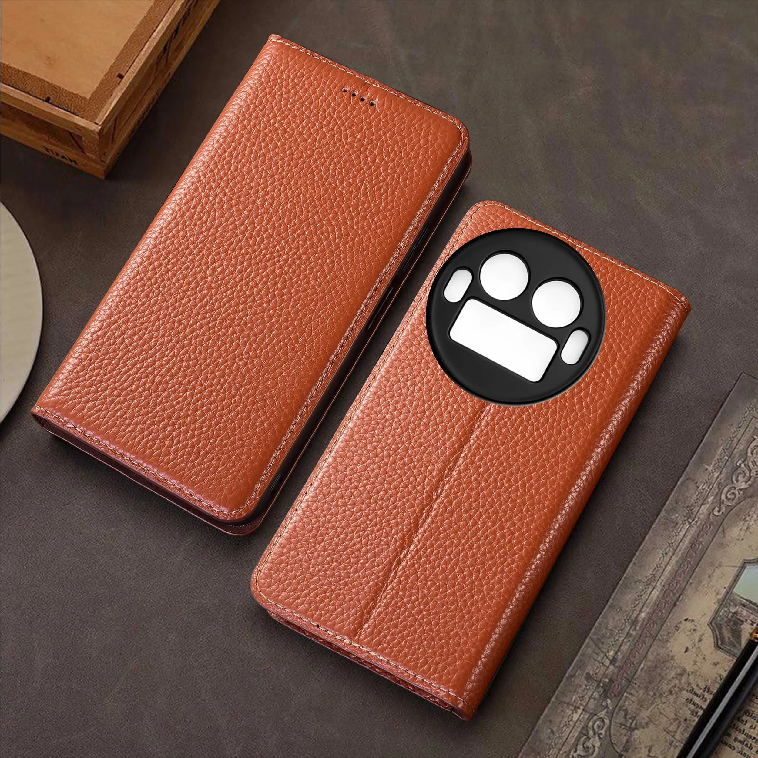 

Genuine Leather Phone Case For Realme GT 2 3 5 6 6T 7 7T 8 Pro Explorer Master Large Lychee Pattern Of Flip Cover Case Cowhide