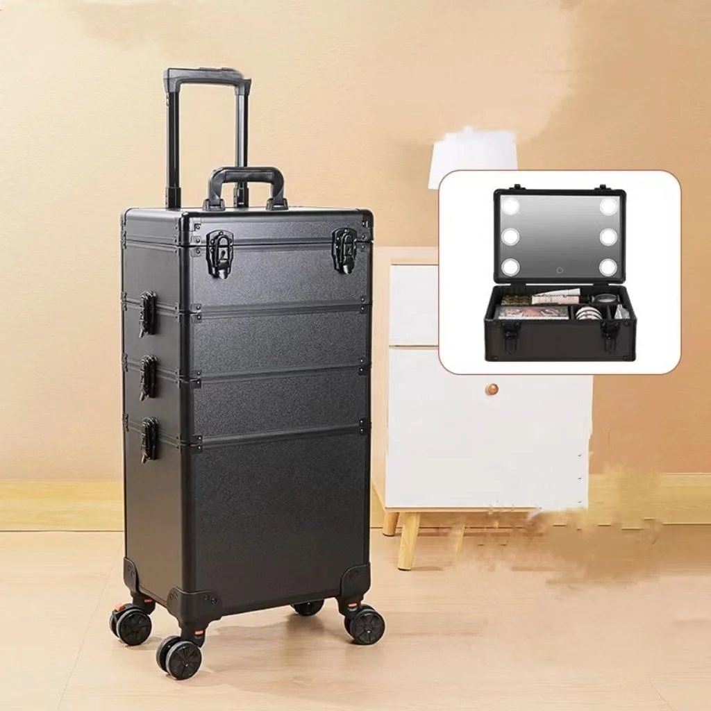 Large Capacity Desktop Makeup Bag Case Leopard Zipper Portable Makeup Organizer LED Light Mirror Fireproof Board