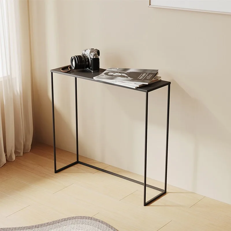 Nordic foyer, entryway, modern and simple, extremely narrow long table, floor-to-ceiling sofa, sandwheat iron shelves
