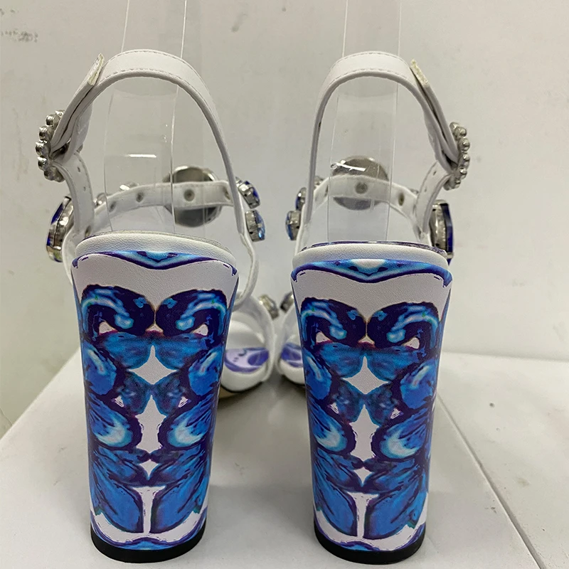 Rhinestone Jewel Chunky Heels Blue Printed Sandals Ankle Strap Open Toe Women Square Heels Dress Shoes
