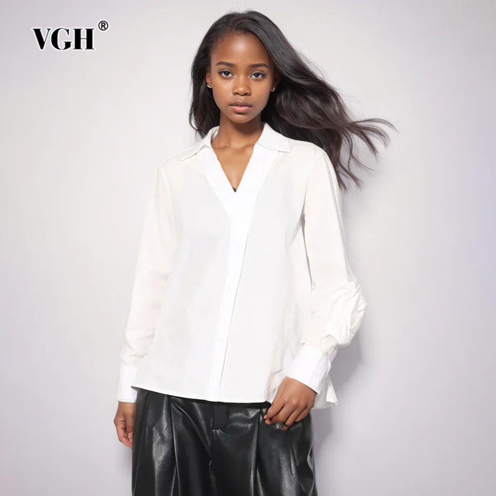 

VGH Solid Spliced Appliques Casual Shirts For Women Lapel Long Sleeve Minimalist Loose Pullover Blouses Female Fashion Style New
