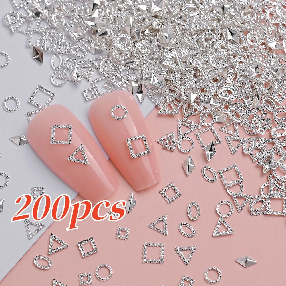 200pcs Star Moon Triangle Frame Alloy Nail Charm 3D Geometric Glitter Rhinestones Nail Decor Mixed Metallic Manicure Accessories