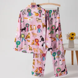 Cat print pure cotton women's pajamas long sleeves four seasons niche haute couture European and American loungewear