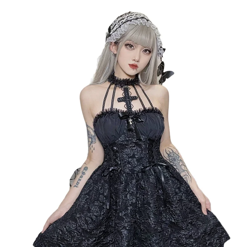 2025Halloween Geplooide Jurk Zomer Nieuw, Design Sense Cross Hals Effen Kleur Tutu Jurk Vrouwen Cw28666
