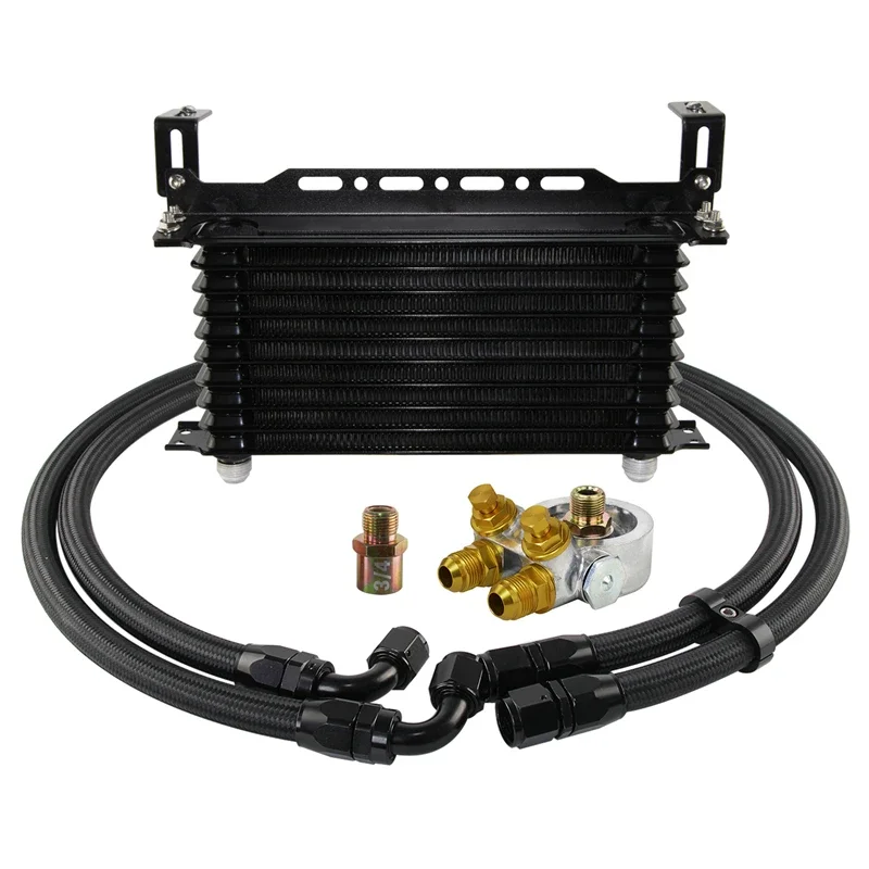 10 Row Engine Trust Oil Cooler w/ Thermostat 80 Deg Oil Filter Adapter Kit Blue/ Black