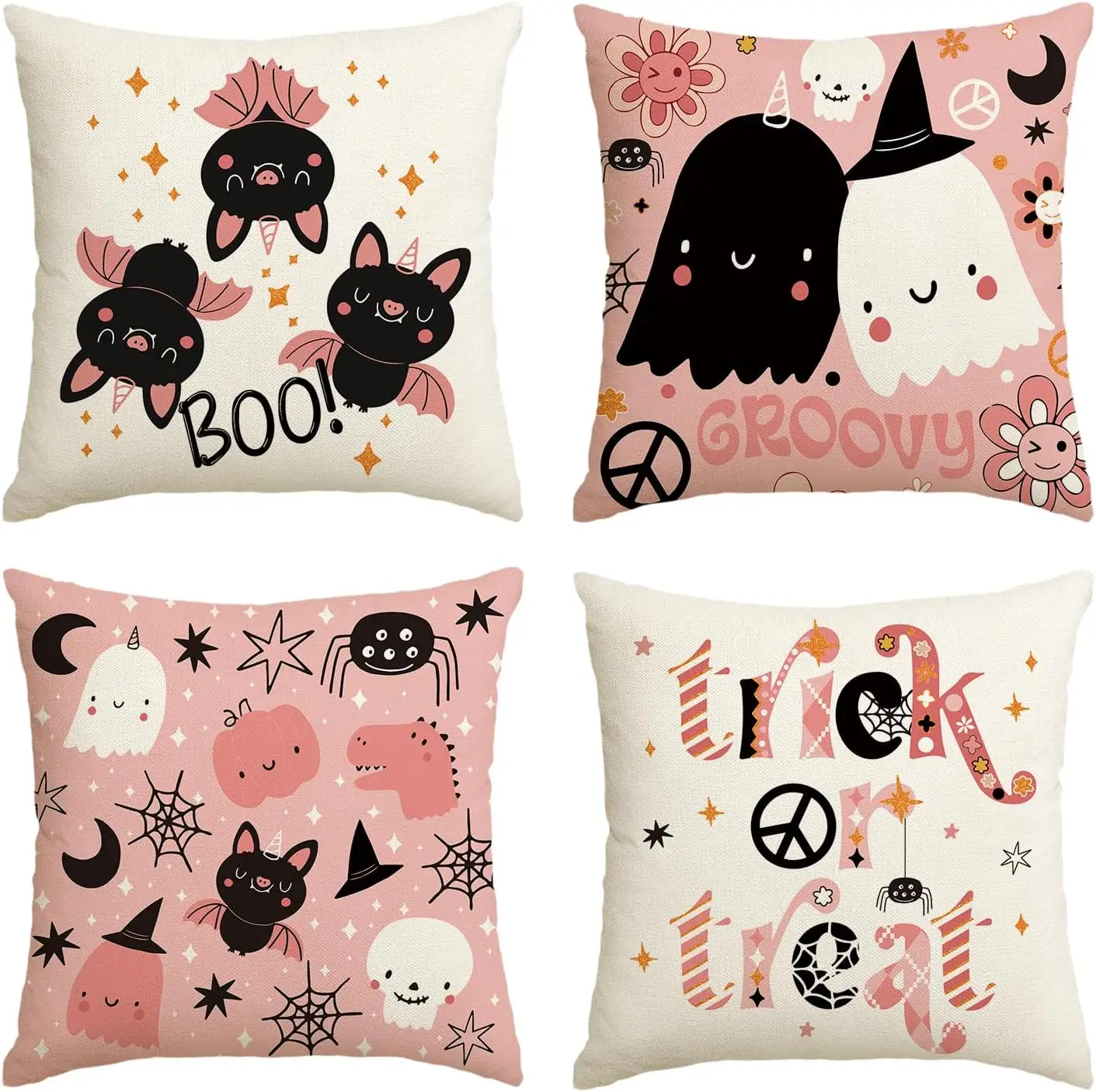 

4pcs Happy Halloween Boo Cute Ghost Groovy Trick or Treat Pink Throw Pillow Covers 18X18 Inch Skeleton Flowers Bat Cushion Case