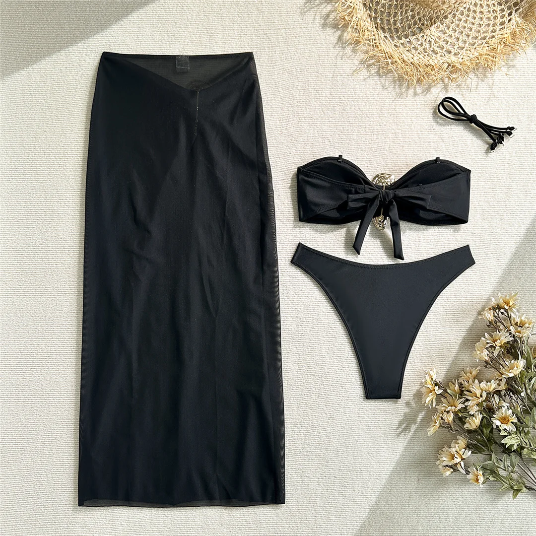 Neu mit Rock, Metallring, brasilianischer Bikini, Damen-Badeanzug, Damen-Bademode, dreiteiliges Bikini-Set, Badeanzug, Badebekleidung, Schwimmbekleidung V6990 – Detail 15