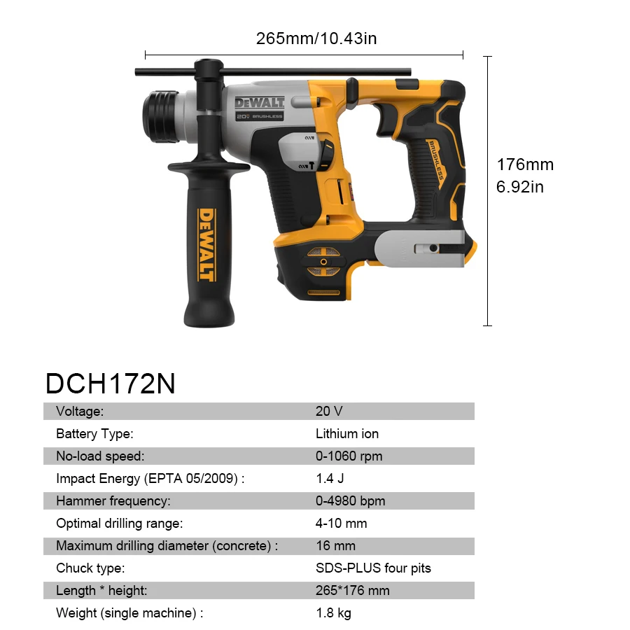 DeWalt DCH172N Cordless Rechargeable Electrical Hammer Drill 20V MAX Brushless Compact SDS Plus Rotary Hammer Bare Metal