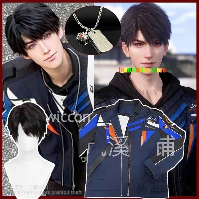 Love and Deepspace Caleb Cosplay Costume pour hommes et femmes, perruque noire, veste volante, cheveux courts, fête d'Halloween, tenue de carnaval