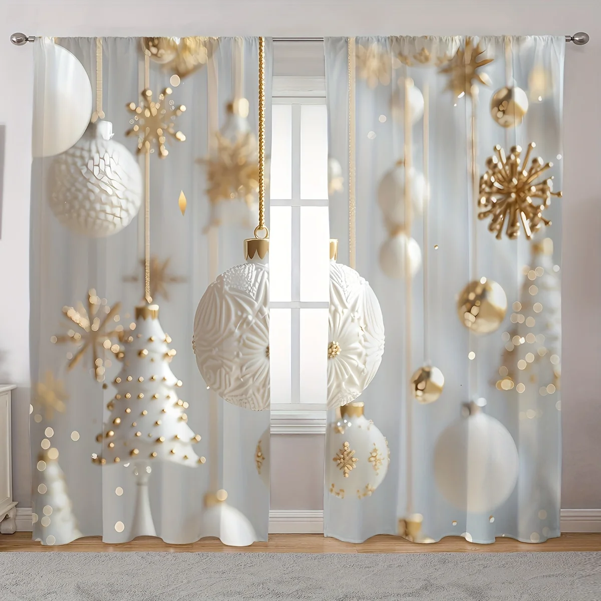 

2PCS Elegant Cortinas Gold and White Christmas Ball Christmas Tree Snowman Print Curtains for Bedroom Living Room Decoration