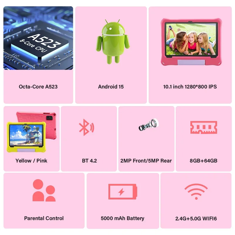 ANRY Android 15 Tablet dla dzieci 5000Mah Octa-core 10,1 cala 8GB (4+4GB)RAM 64GB ROM Tablety Rozrywka Nauka Tablet dla dzieci