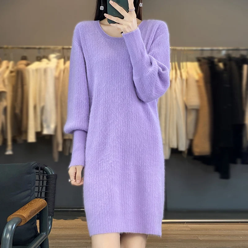 RONGYI 2023 100% Mink Cashmere Women\'s Pullover Knitting O-Neck Autumn And Winter New lOose Long-Sleeved Long Dress Top