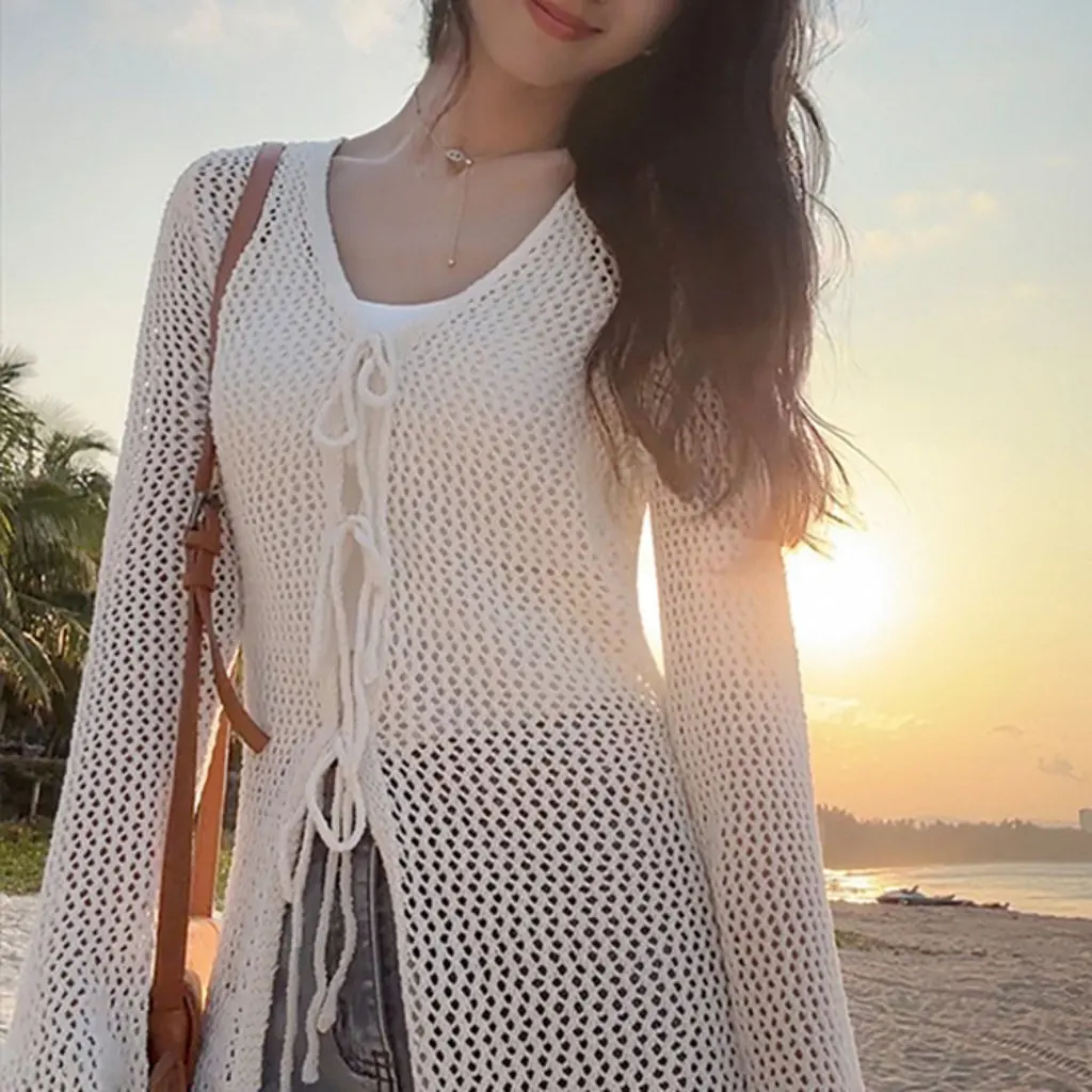 

Women's Hollow Knitwear Cardigan Loose Outerwear Spring Summer Sun Protection Design Sense Lace-Up Top