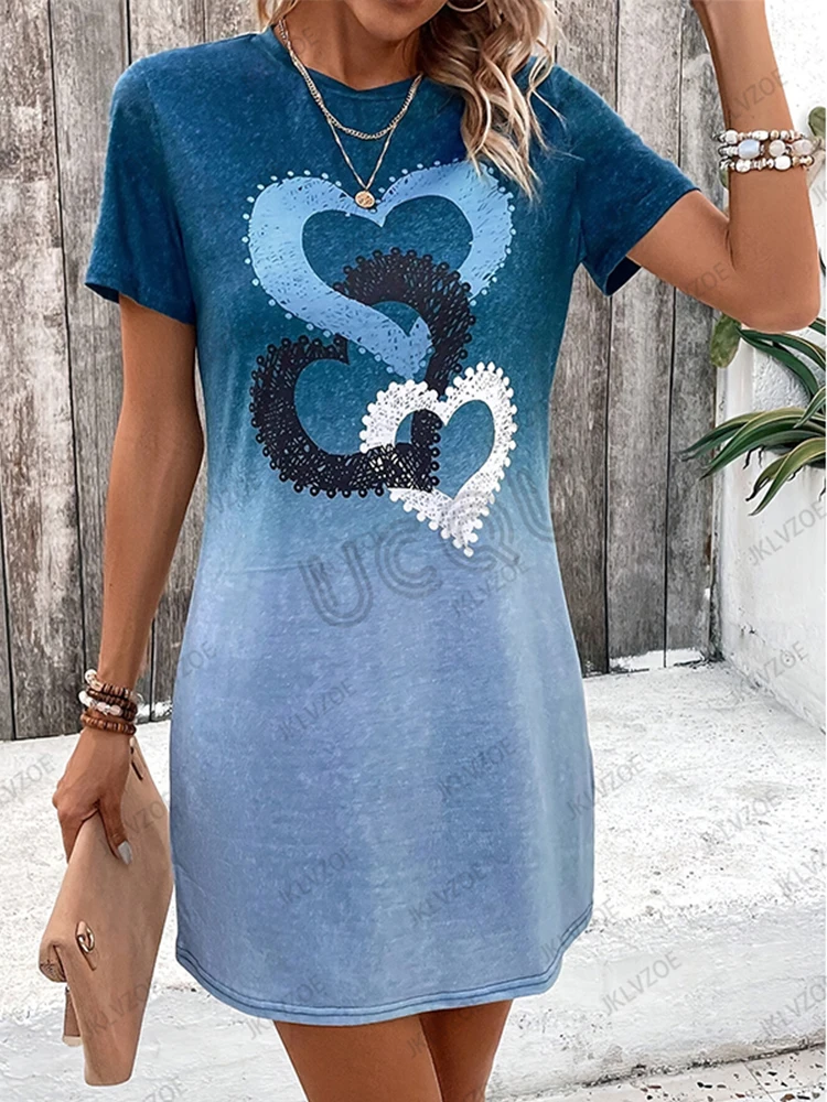 2025 صيف جديد القلب الحب نمط مطبوعة المرأة قصيرة الأكمام تي شيرت فستان كتلة اللون فضفاض فساتين راقية رياضية غير رسمية