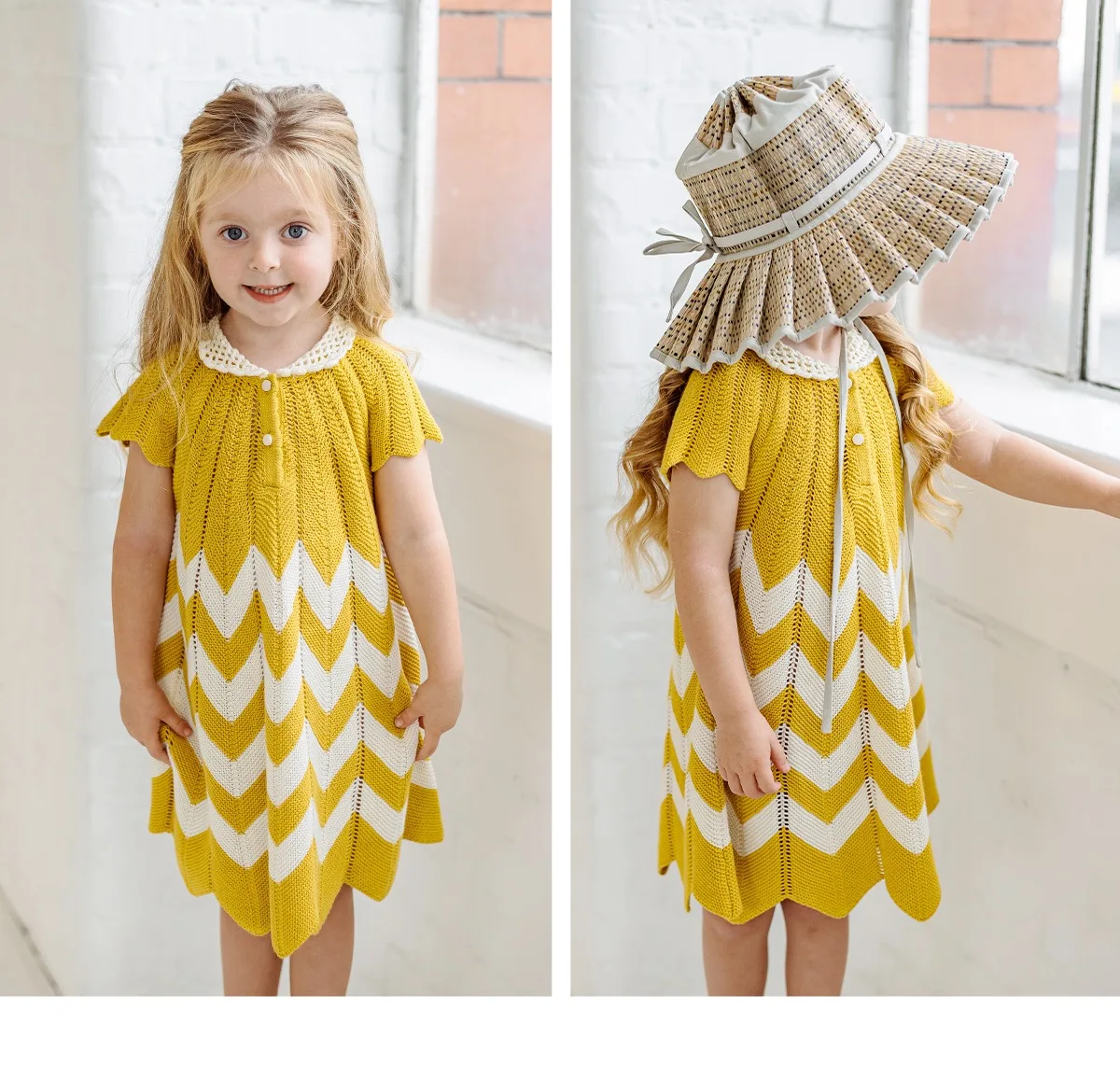 

Girls Dresses Summer New Girl's Lapel Corrugated Knitted Pick Hole A-line Skirt Goose Yellow Short-sleeved Dress Vestidos