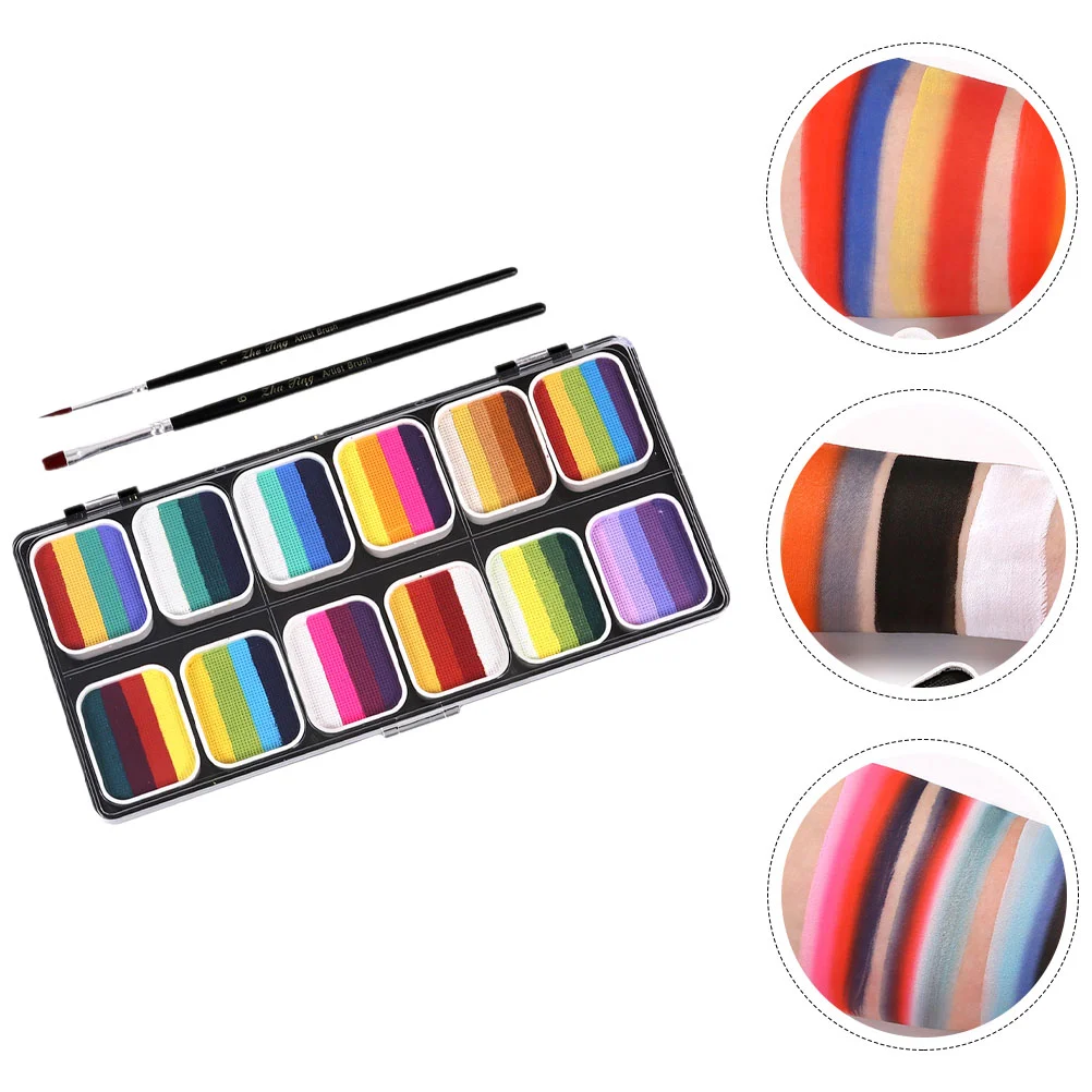 Juego de pintura de tiras de arcoíris lavables con degradado de 12 colores, Kit de pinturas faciales para niños, paleta de maquillaje para Halloween, cuerpo de bolígrafo