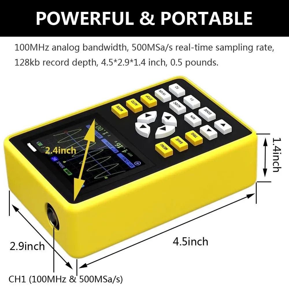 Kit de osciloscopio portátil de mano con ancho de banda de 100MHz, frecuencia de muestreo de 500MS/s, pantalla de 2,4 pulgadas, Mini alcance de almacenamiento Digital potente