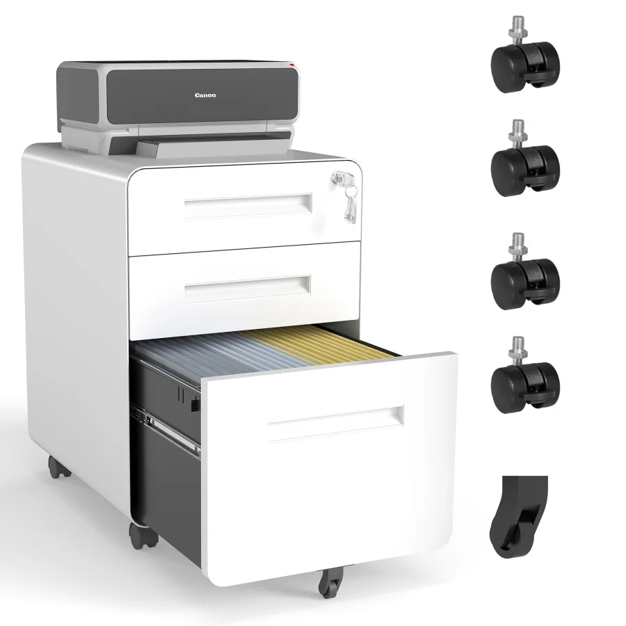 

Home office 3-drawer wide mobile file cabinet with lock, all-steel metal, white, fully assembled, holds A4/letter files, 110 lb