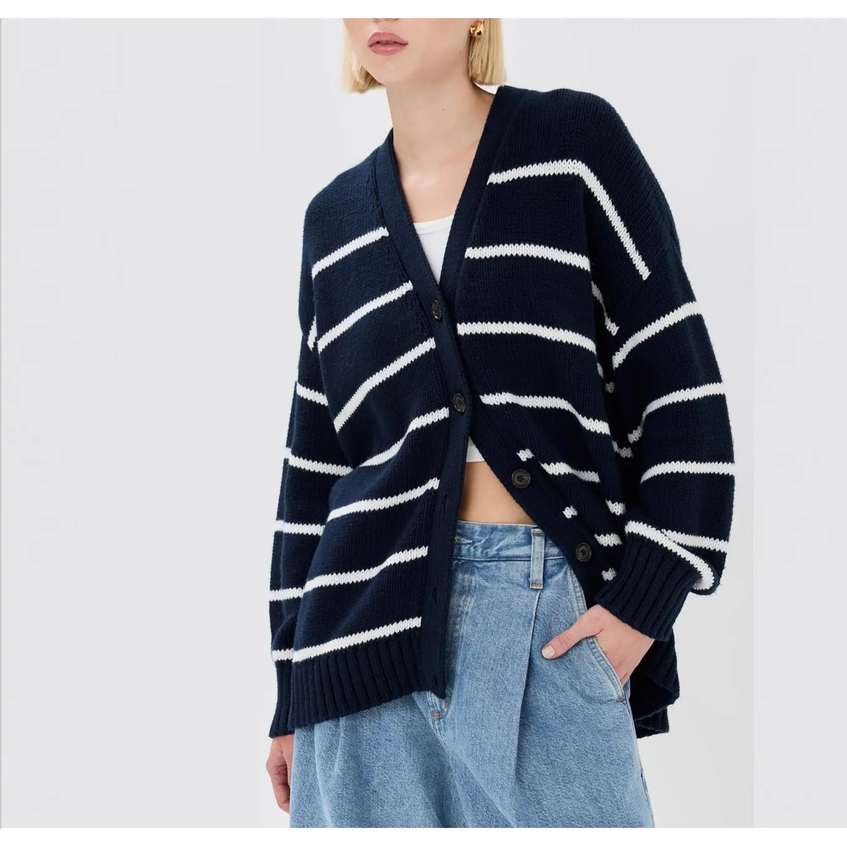 

Women's Casual V-Ne Open Cardigan Knitted Sweater Striped Long Sve Autumn Faion Streetwear Single Piece Polyester