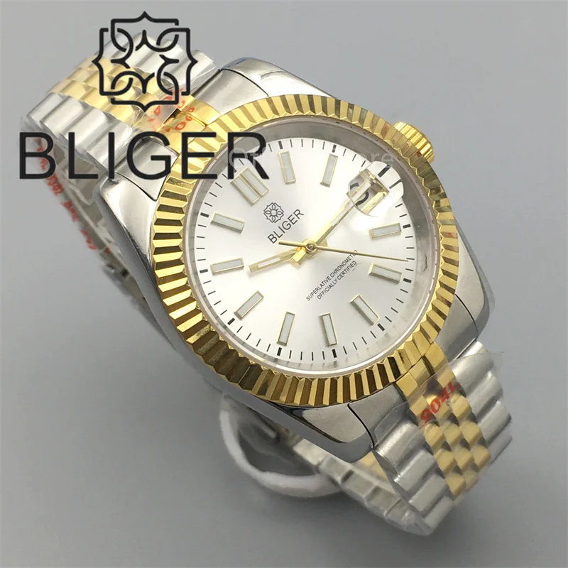 BLIGER 36mm/39mm Watch For Men NH35 Automatic White Dial Silver Gold Index Blue AR Coating Sapphire Glass Lens10Bar Waterproof