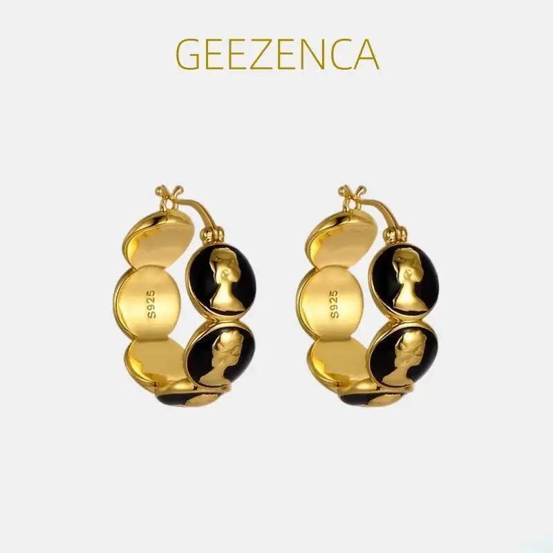 

GEEZENCA 925 Sterling Silver Black Epoxy Hoop Earrings For Women 18K Gold Figure Cameo Chic Small U Shape Earring 2023 Summer