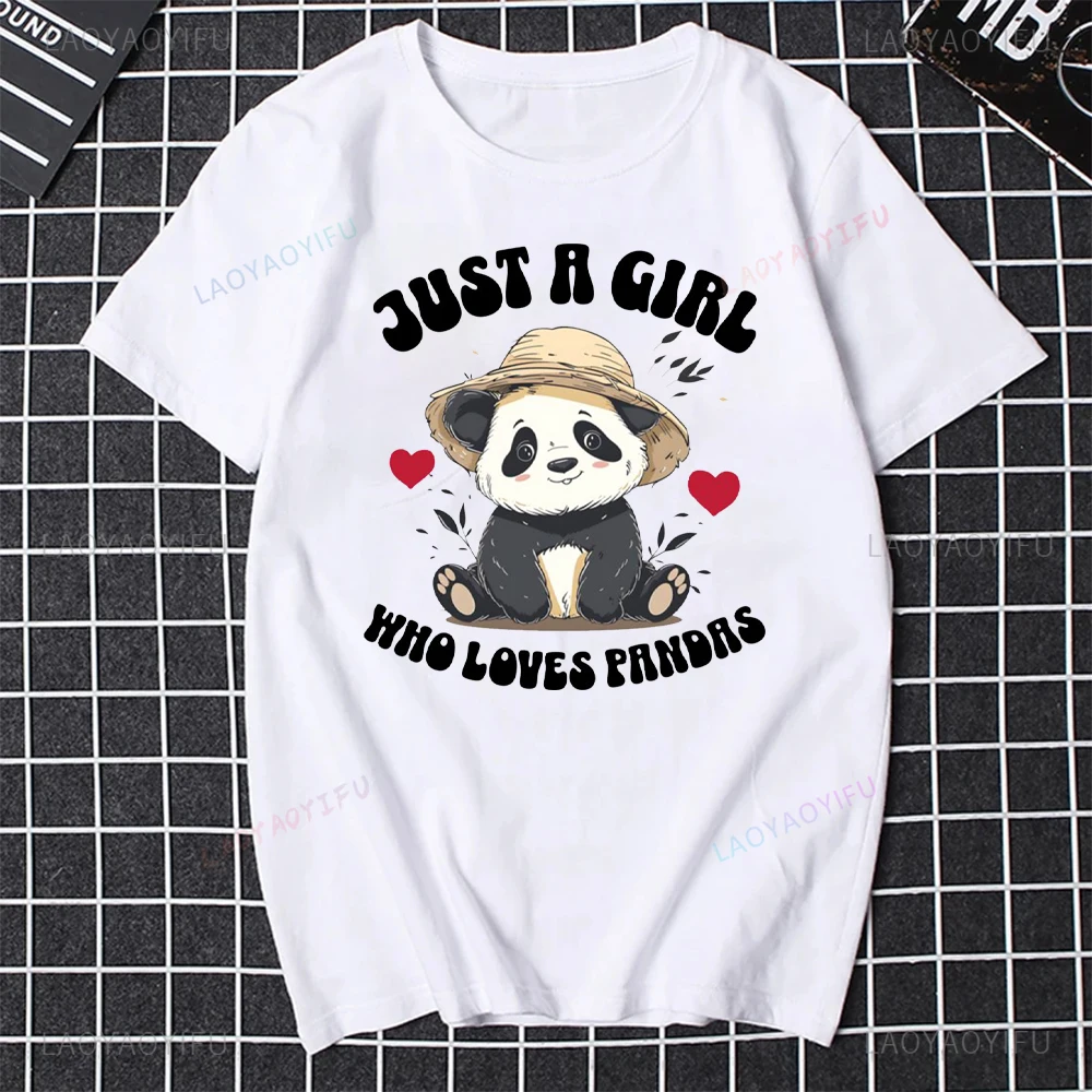 JUST A GIRL WHO LOVES PANDRS Panda Print T-shirt Cute Panda Animal Lovers Round Neck Short-sleeve Simple Style Tees