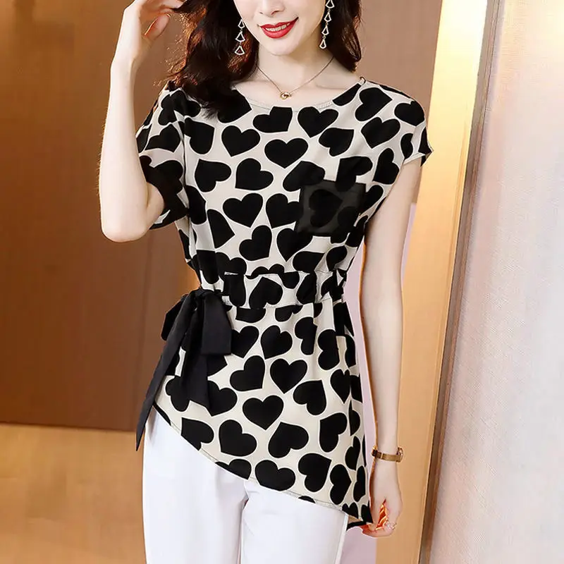 Elegant Chic Lace Up Love Print Short Sleeve Asymmetric Tunic Shirts Summer 2023 New Korean Fashion Slim Tops Blouses for Women