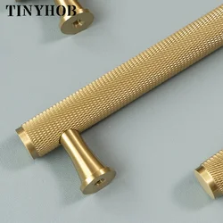 Tinyhob Gold Knurled/ Textured Thicken Kitchen Cabinet Knobs Solid Brass T Bars Bedroom Wardrobes Long Pull Drawer Handle