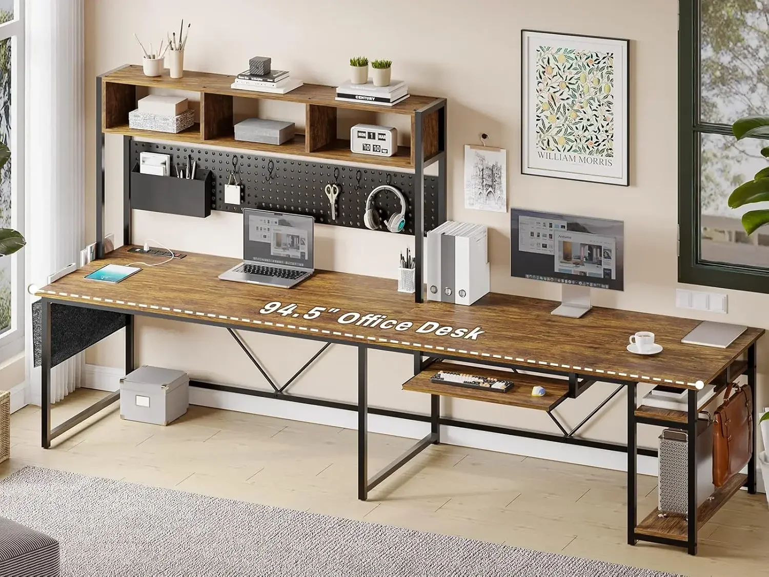 Shaped Computer Desk, Reversible Corner Desk with Power Outlet and Pegboard, Computer Desk with Led Lights, Keyboard Tray, Headp