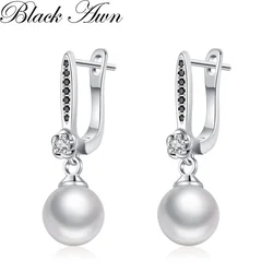 Black Awn Classic Silver Color Round Black Trendy Spinel Engagement Hoop Earrings for Women Jewelry Bijoux I316