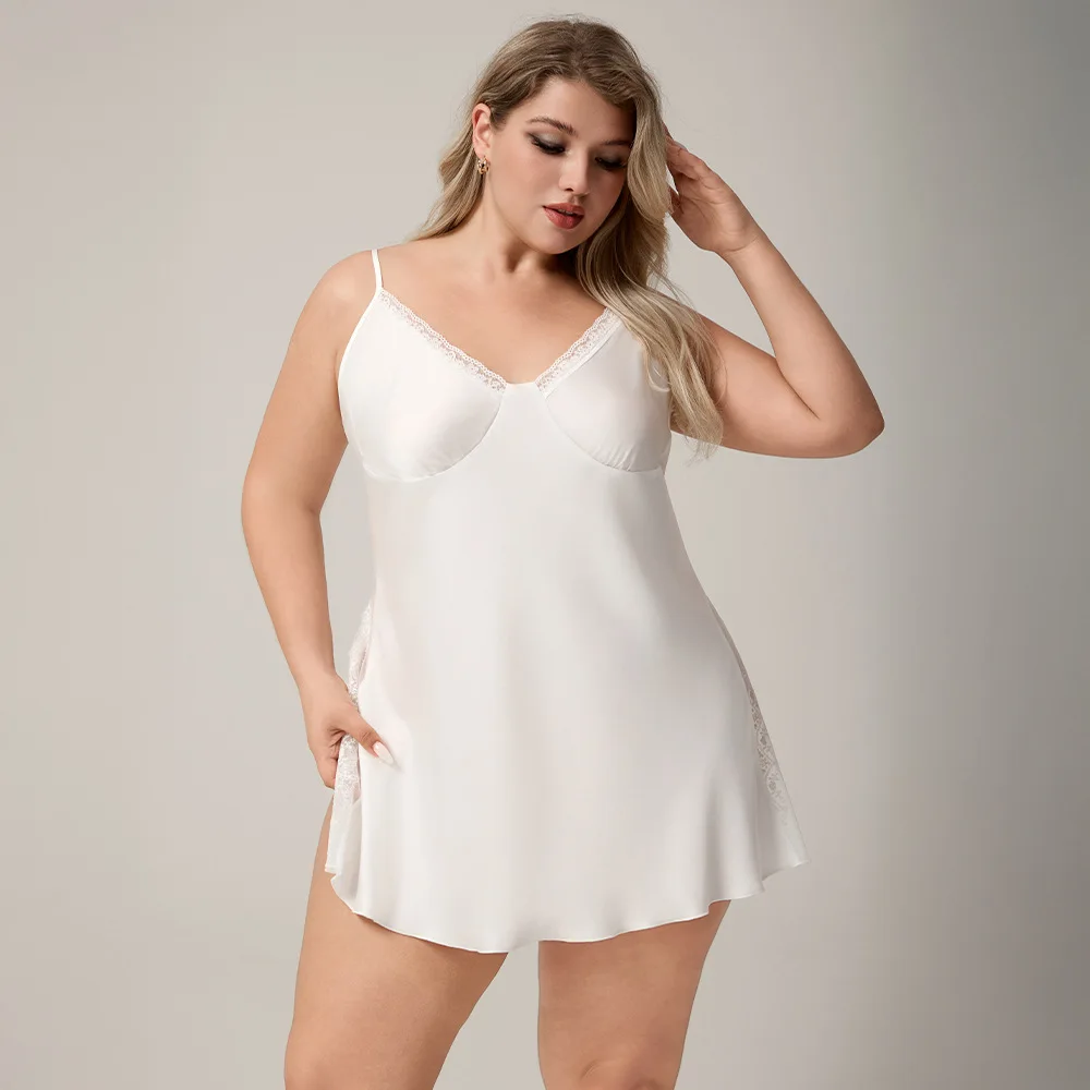 

Sexy Backless Suspender Nightgown Women Sleepwear White Lace Patchwork Nightdress Nightie Homewear Satin Loungewear
