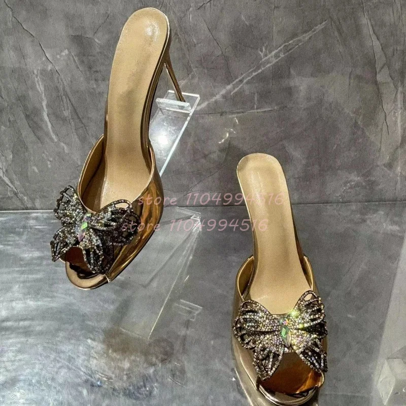 Gold Crystal Flower Thin Heels Slippers Women Bow Decor Leather Peep Toe Mules Slippers 2025 Fashion Luxury Party Wedding Shoes