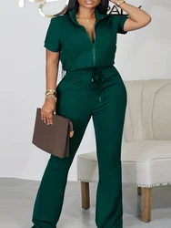 LW BASICS Plus Size Women Regular Fashion Short Sleeves Mandarin Collar Zipper Design Flared Green Outfits Pants Set