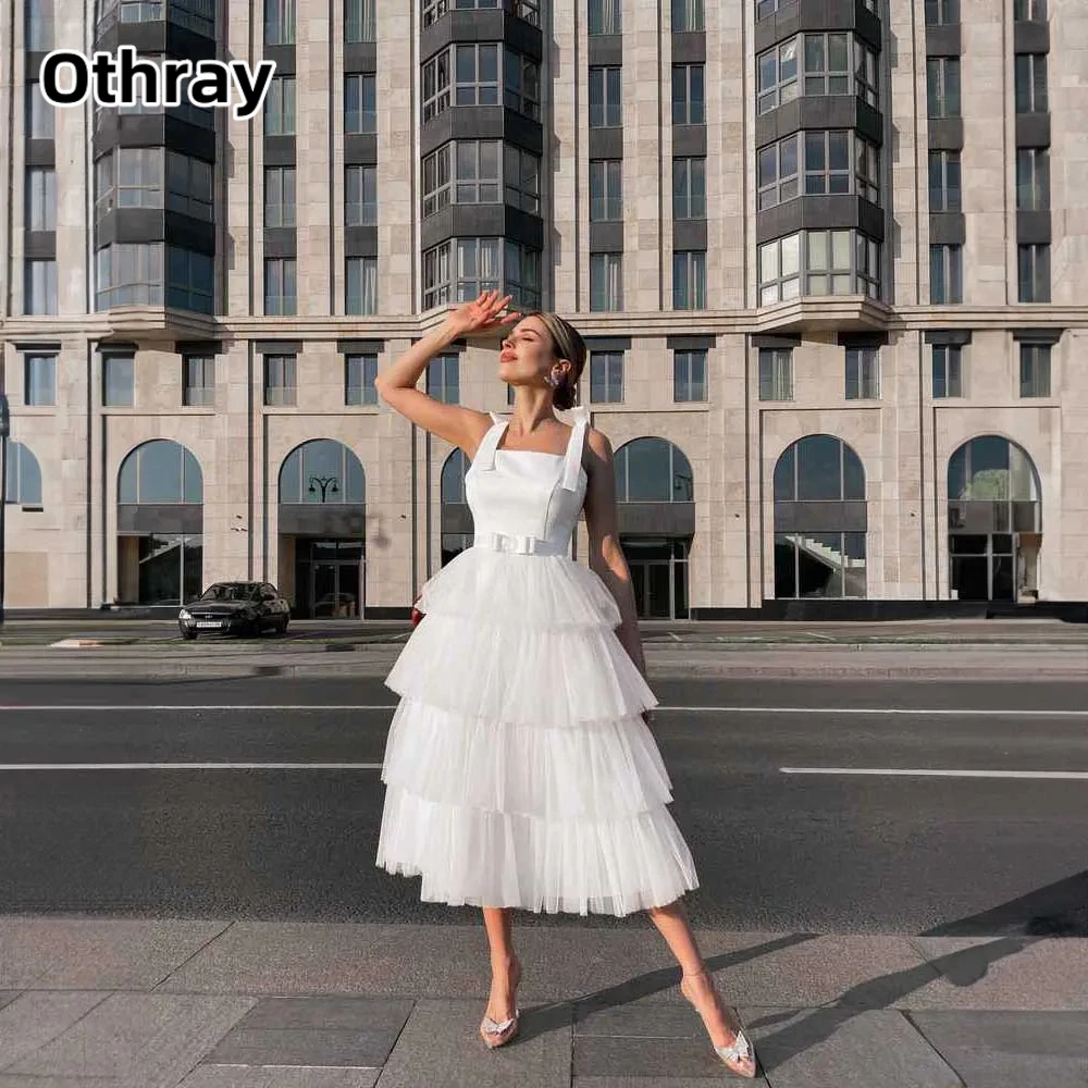 

Othray Modest A-line Short Square Prom Dress for Women Beads Belt Tiered Tulle Tea-Length Party Evening Gown robe de mariée