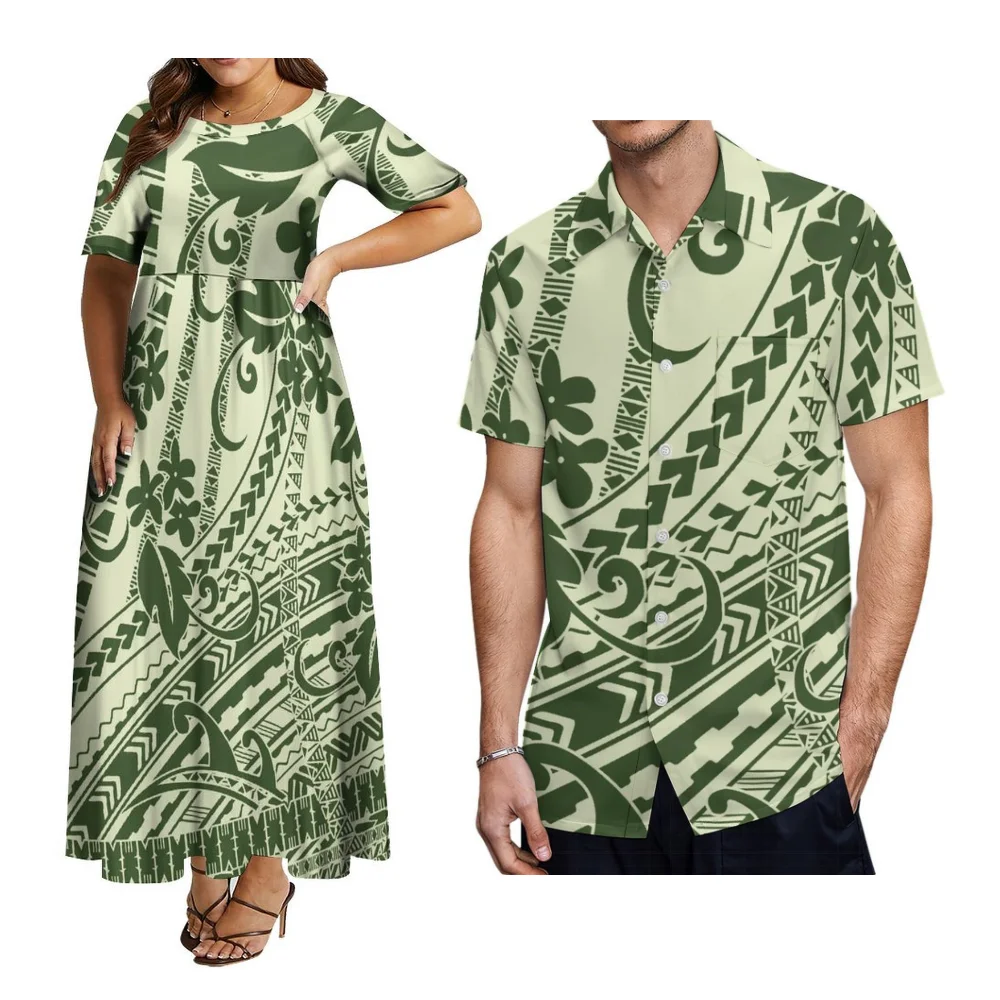 ชุดคู่พิมพ์ลาย Pacific Art Island สำหรับงานเทศกาลซามัว ชุดเดรสผู้หญิงและเสื้อเชิ้ตผู้ชาย แฟชั่นลำลอง ชุดราตรี