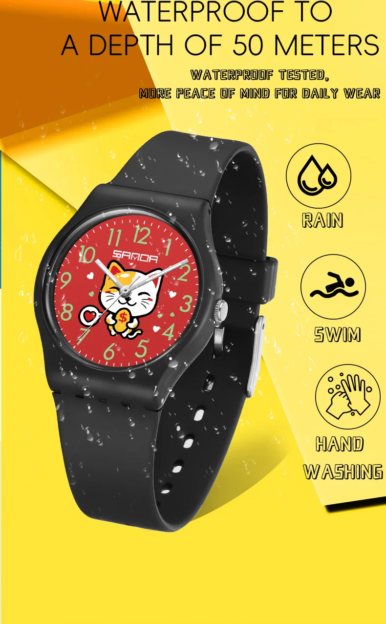 Fashion Sanda 6139 Student Quartz Watch Creative Cute Cartoon Wealth Cat Silicone Strap Wristwatch For Boys And Girls Clock Gift