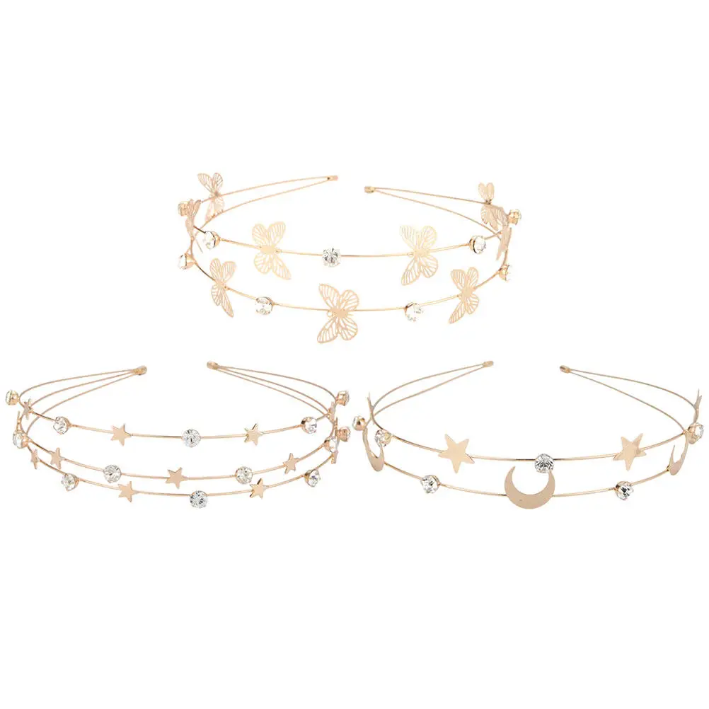 

3Pcs Metal Star Moon Bridal Hair Hoops Crystal Rhinestone Headbands Wedding Party Hair Ornaments Crystal Headband
