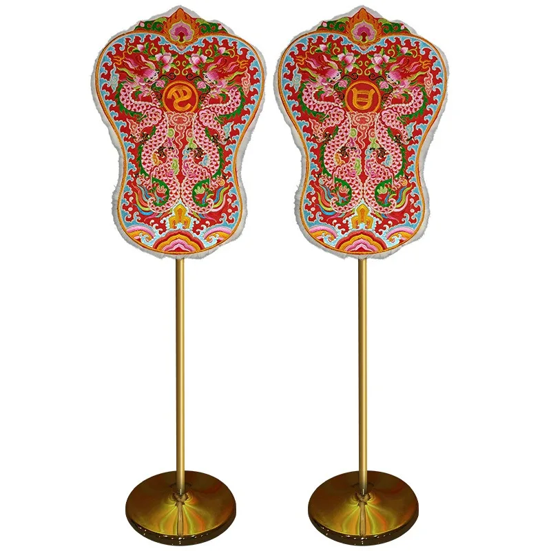 Shuanglong handmade plate satin embroidery drying umbrella sun and moon umbrella with rod set