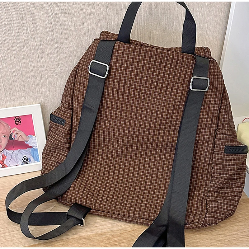 Modischer Rucksack, koreanischer Karo-Rucksack mit Kordelzug für Studenten, Unisex-Schultasche, leichter Damenrucksack mit großer Kapazität – Detail 7