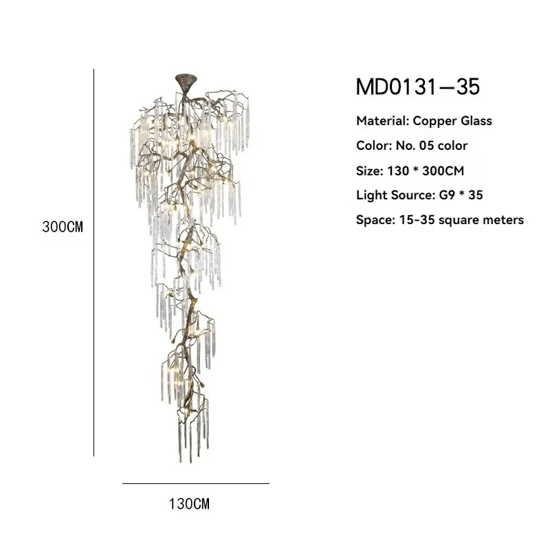 Vintage Brass Branch Crystal Chandelier, High Ceiling Hanging Light for Staircase Loft Stairway