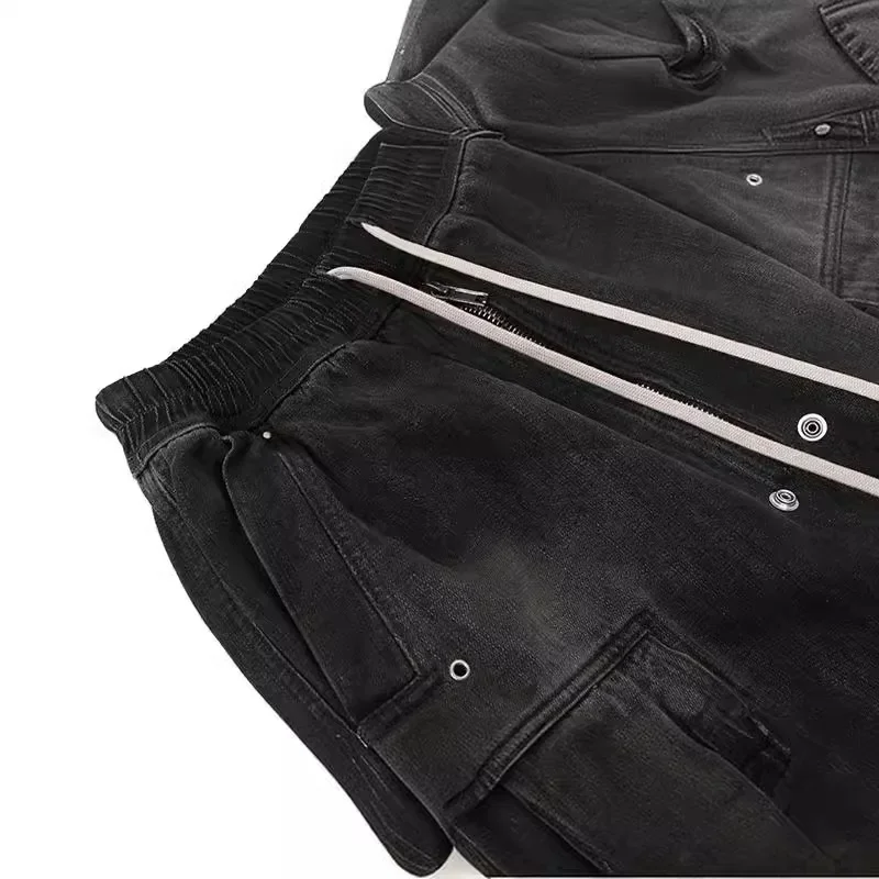 Dark RO High Street Men's Washed and Dyed  Workwear Denim Shorts Cropped Pants Casual Elaxtic Waist Loose Fit Casual Jean Pants