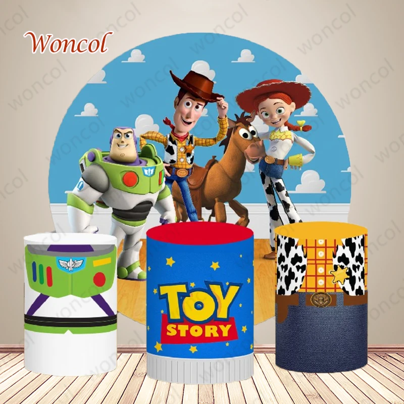 Jessie Woody-telón de fondo redondo para niños, telón de fondo de cumpleaños, Woody Buzz Lightyear, cubierta de cilindro, decoración de fiesta de Toy Story, accesorios para sesión fotográfica
