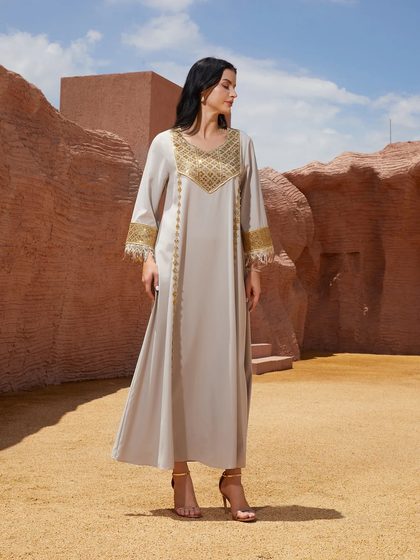 Eid Abaya Abito da donna Musulmano Paillettes Nappa Dubai Abiti Largos Abiti lunghi Caftano Arabo Robe Party Caftano Jalabiya Ramadan